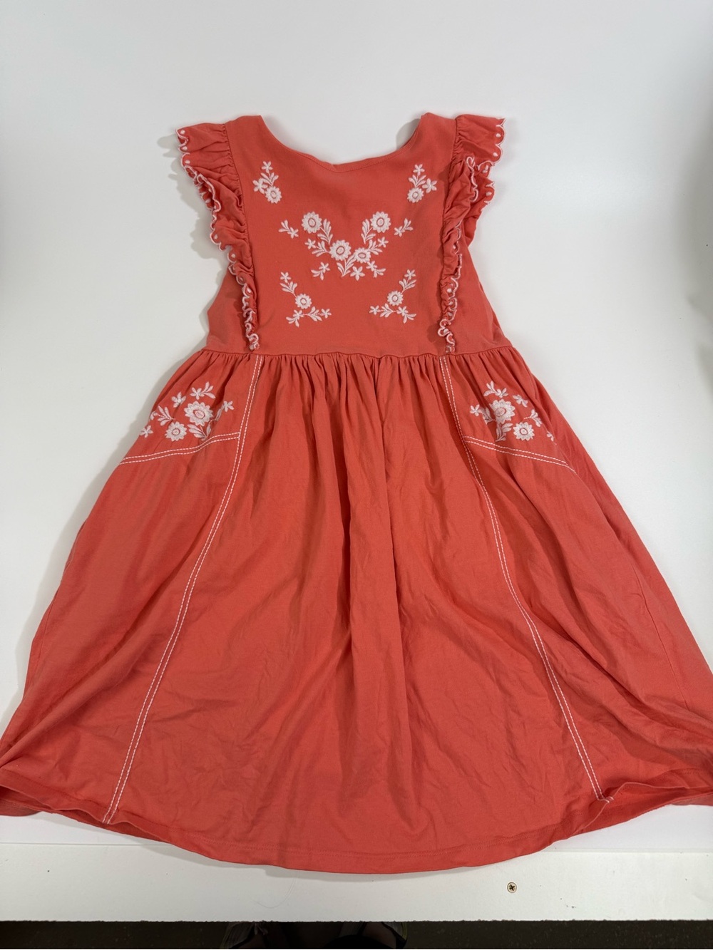 Mini Boden Girls’ coral pink sleeveless dress size 11/12Y-embroidered flowers
